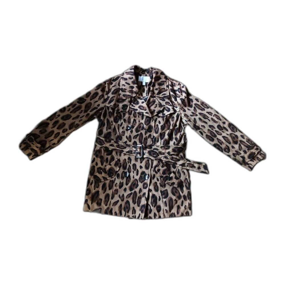 Relativity Leopard Print Rain Trench Jacket Women L Spy Cougar Coat Mob Wife New